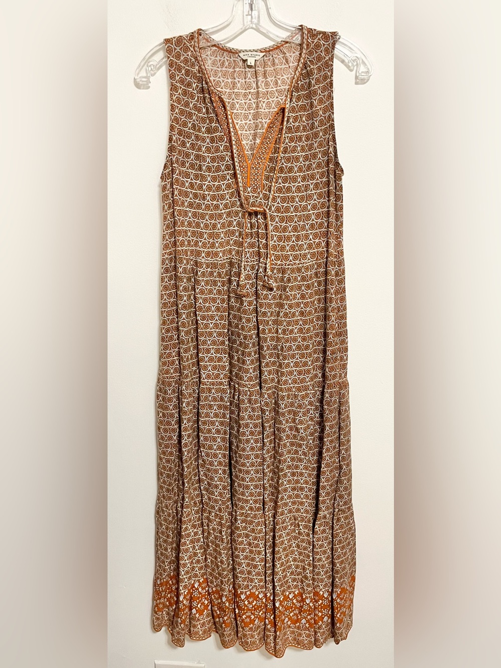 Max Studio Sleeveless Boho Tiered Maxi Dress in Brown/Rust Orange Size Large